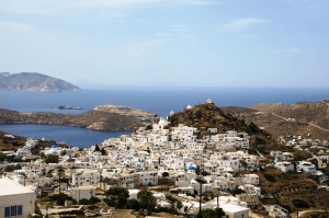 the chora capital landscape with view of aegean sea Ios Cyclades island greece